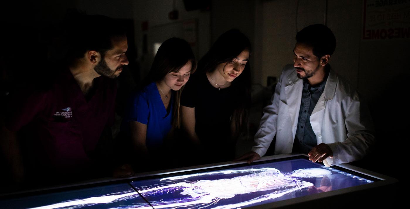 students looking at a skeleton on a computer