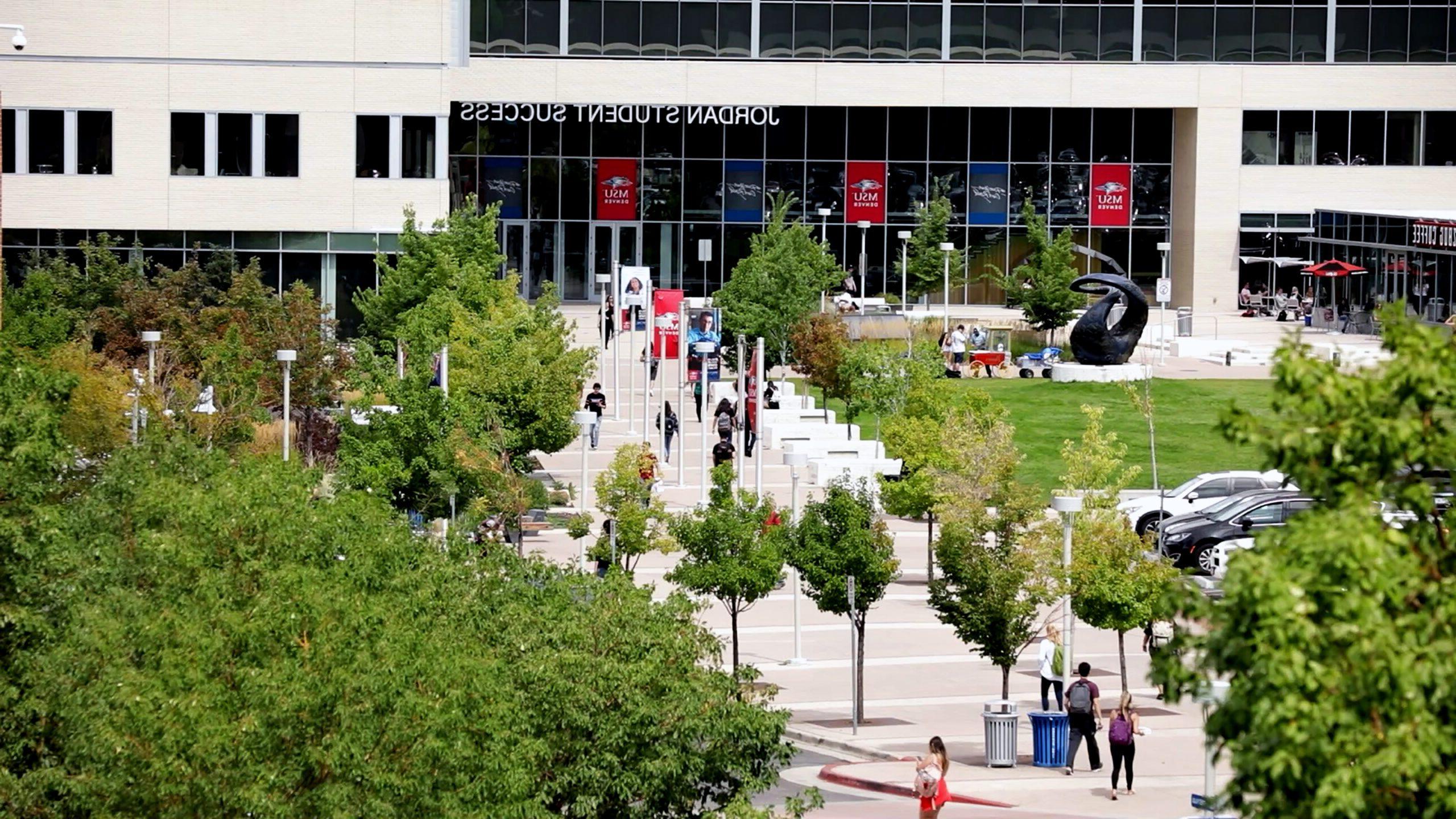 Aerial view of the JSSB lawn and One World One Water sculpture