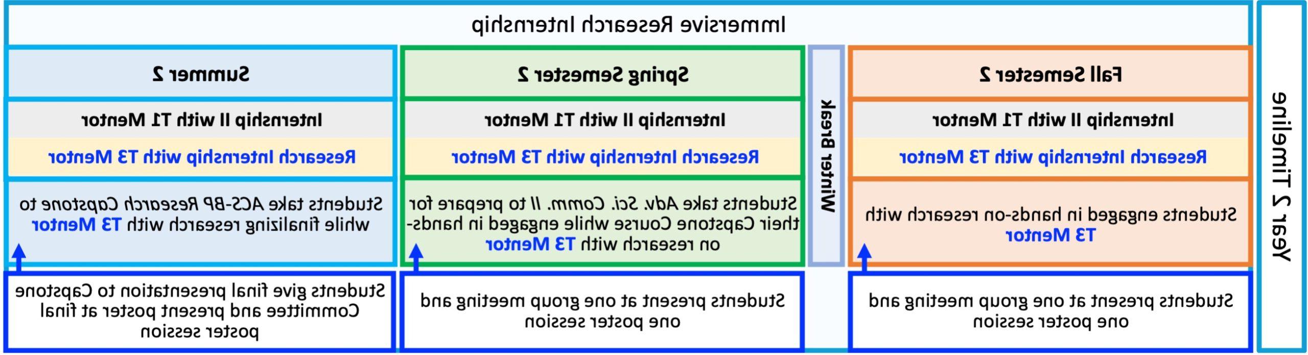 Cartoon of the timeline of events in the second year of the ACS Bridge Program. Throughout the Fall, Spring and Summer of Year 2, students continue working on the Immersive Research Internship portion of the program which includes the following activities (also described above) 1. Meet with their T1 Mentor for ≈1 hour per week 2. Meet with their T3 Mentor for ≈1 hour per week 3. Engage in hands-on research in their T3 Mentor’s lab for 36-40 hours per week 4. Attend group meetings for the T3 Mentor’s lab ≈1-2 hours per week. a. Prepare one oral presentation on their research project to give during group meeting at least once per summer/semester 5. Prepare one poster on their research project to present at a poster session at MSU Denver or a partner institution once per summer/semester. The only deviations from the regularly recurring activities of the Immersive Research Internship occur at the following times for the following reasons: 1. During the Spring Semester of Year 2, the students take Advanced Science Communication II, wherein they perform guided activities that will form the groundwork for their written theses. a. The time commitment for hands-on research drops to ≈30 hours per week while students complete Advanced Science Communication II. 2. During the second summer in the program, the students take the ACS-BP Capstone Course, wherein the students may have longer weekly meetings with their T1 and T3 mentors as they finish writing their thesis, final oral presentation, final poster, and prepare for their Orals-style exam with their Capstone Committee. a. The time commitment for hands-on research drops to ≈10-20 hours per week while students complete their Capstone projects.