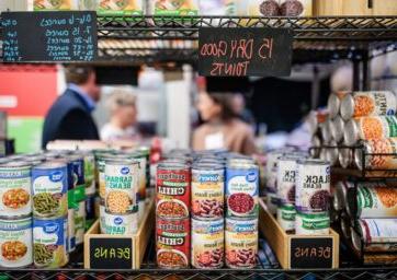 Food cans on a shelf in Rowdy's Corner